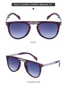 Detail view of foldable brown tortoiseshell sunglasses with blue gradient lenses and metal arms