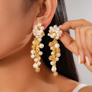 Long Tassel Floral Drop Earrings With Imitation Artificial Pearl Rhinestones And Silver Earring Post Retro Fashion Jewelry For Women