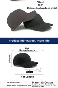 Size details of large cotton baseball caps with measurements and metal adjustment buckle
