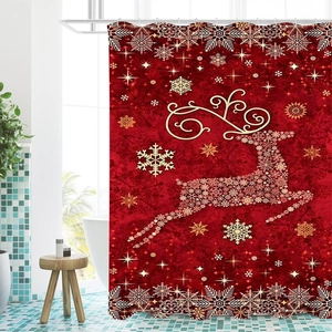 Christmas shower curtain featuring golden reindeer and snowflakes on vibrant red fabric