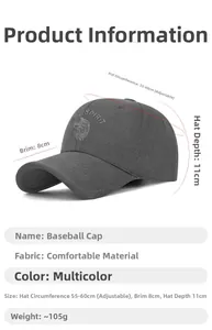 Detail view of dark grey baseball cap with eagle embroidery and 8cm brim dimensions