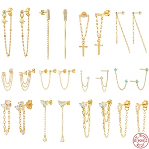 925 Sterling Silver Tassel Chain Earrings Zirconia Star Cross Geometric Dangle Drop For Women Elegant Fashion