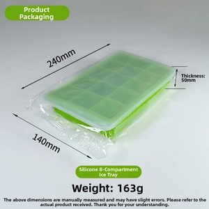 Detail view of green 8-grid silicone ice cube tray with dimensions 240mm by 140mm