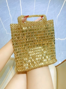 Shiny Metallic Sequin Handbag Acrylic Beaded Woven Underarm Bag For Women Elegant Party Vintage Hollow Out Tote
