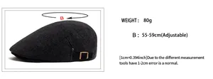 Size chart for herringbone newsboy cap showing adjustable head size 55-59cm and 80g weight