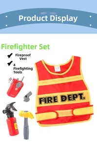 Detailed firefighter costume set for kids including red vest, walkie-talkie, and tool kit