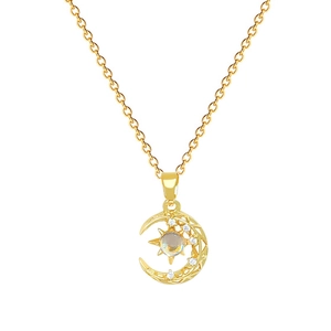 Luxurious gold stainless steel crescent moon and star pendant necklace with sparkling gems