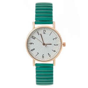 Elegant rose gold quartz watch with textured white dial and green elastic strap