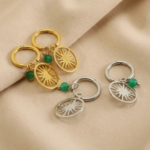 Hoop Earrings With Hollow Sun Pendant And Green Stone Bead Stainless Steel 18K Gold Plated Boho Style For Women