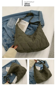 Detailed views of olive green quilted dumpling bag with adjustable strap and zip closure