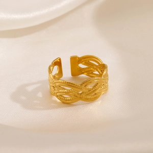 Bague ouverte minimaliste en acier inoxydable plaqué or 18k avec texture tressée