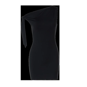 Détail d'une robe courte noire à une épaule avec un nœud élégant et des détails drapés