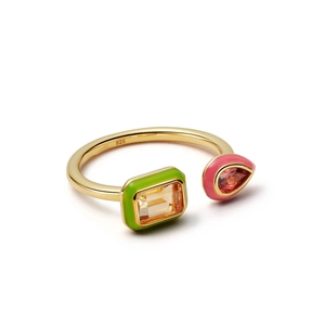 S925 silver gold-plated open ring with yellow and pink stones and enamel accents