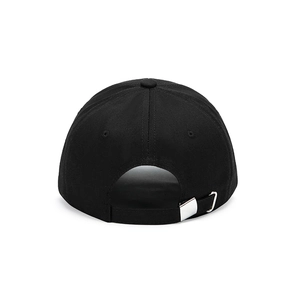 Rear view of black cotton baseball cap showing adjustable silver metal buckle and strap
