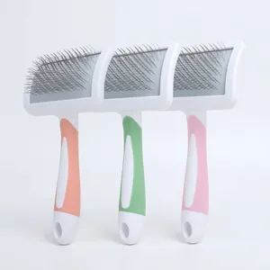 Three colorful pet slicker brushes for grooming cats and dogs in pink, green, and orange