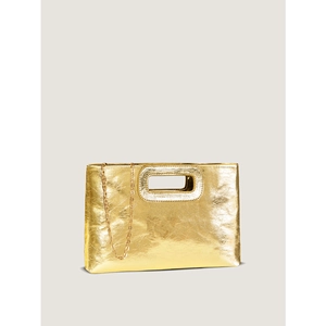 Detail of metallic gold woven PU handbag with a rectangular handle and fine chain strap