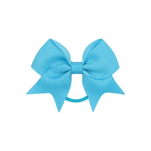 Close-up of light blue grosgrain ribbon bow hair tie with textured ribbed fabric detail