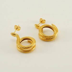 Golden stainless steel snake earrings with detailed scale texture in a coiled design