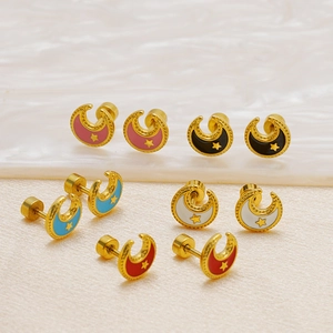 Moon And Star Stud Earrings Stainless Steel 18K Gold Plated Enamel Celestial Screw Back Sweet Fashion Jewelry For Women