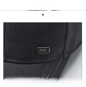 Detailed close-up of a black baseball cap featuring a 'SPORT' metal tag and twill texture