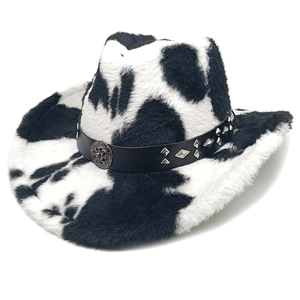 Cowboy Hat Plush Faux Fur Cow Pattern Western Wide Brim Rivet Leather Band Fashion Winter Streetwear For Women Men