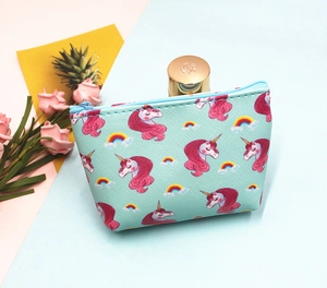 Mint green unicorn coin purse with rainbow pattern and durable cross-grain PU leather