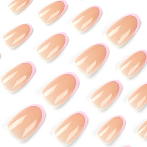 Cute pink French tip press-on nails in medium almond shape for a sweet manicure