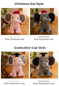 Detail of baby elephant plush toys in pink and grey with Christmas and graduation hats