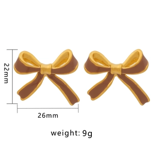 Elegant gold-plated bow earrings with dark brown enamel finish, 26mm x 22mm dimensions