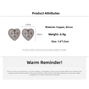 Detailed specs of heart cross earrings with cubic zirconia, copper base and 1.6cm size