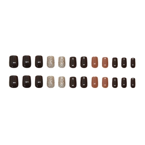 Glossy brown and gold glitter press-on nail set with 24 pieces on white background