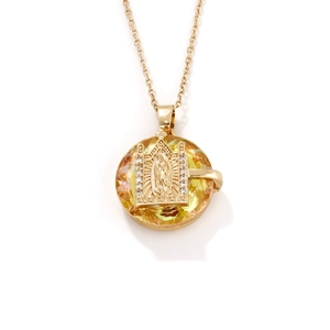 Golden Virgin Mary necklace with a yellow crystal pendant and white zircon accents