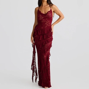 Spitzen Maxi Kleid Halfter V-Ausschnitt Rückenfrei Rüschen Schlanke Passform Sexy Abendparty Langes Kleid Für Damen