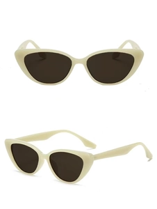 Front and side view of cream cat-eye sunglasses with dark brown lenses and plastic frame