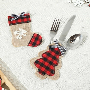 Christmas stocking and tree cutlery holders in burlap with red plaid and snowflakes
