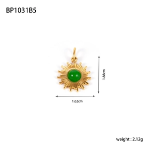 Detailed specs of sunburst pendant with green stone, 1.88cm height, gold finish