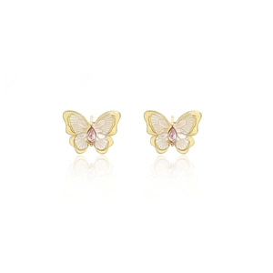 French vintage silver needle butterfly earrings with pink zircon and white enamel