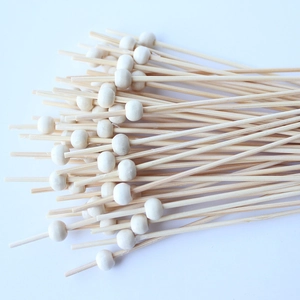 Disposable bamboo skewers with cream white beads, 12cm mini fruit picks for catering