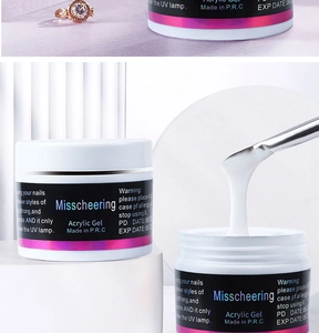 Detail shot of Misscheering Acrylic Gel showing thick white texture with a brush on white stand