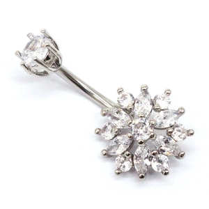 Piercing de nombril argenté avec grand zircon clair et pendentif en forme de flocon de neige