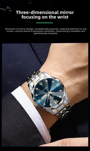 Detail of multi-functional business watch with diamond-cut glass and gold-tone steel band