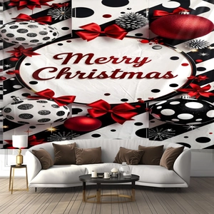 Detailed close-up of Merry Christmas wall tapestry with festive bows and ornaments