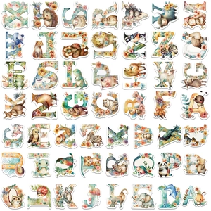 A-Z farm animal and floral alphabet stickers in watercolor hand-painted style for kids