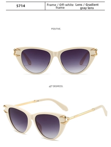 Cat eye sunglasses detail with cream frame, gradient lenses, and gold metal accents
