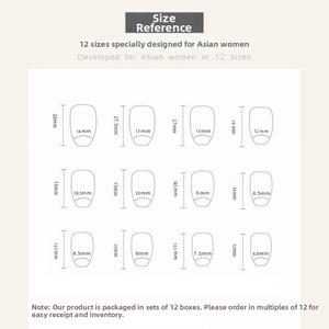 Size chart showing 12 different dimensions for short ballet style press-on nails
