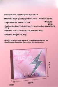 Detail view of CT04 quantum magnetic eyelashes kit showing size specs and 8 pairs of lashes