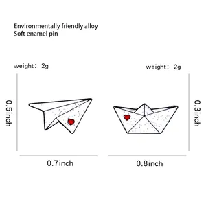 Enamel heart paper plane and ship brooch set made of eco-friendly alloy
