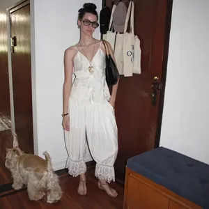 French style white satin loungewear set with ruffled camisole top and lace trim pants