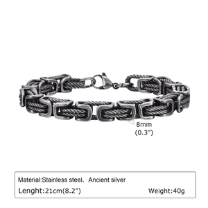 Handmade vintage silver stainless steel Byzantine chain bracelet for men, 8mm wide