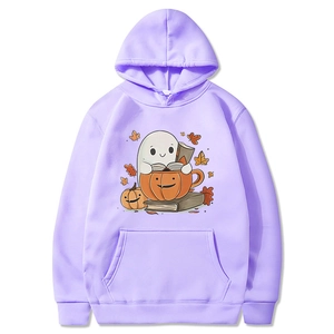 Sweat à capuche Halloween violet avec imprimé fantôme et citrouille, manches longues